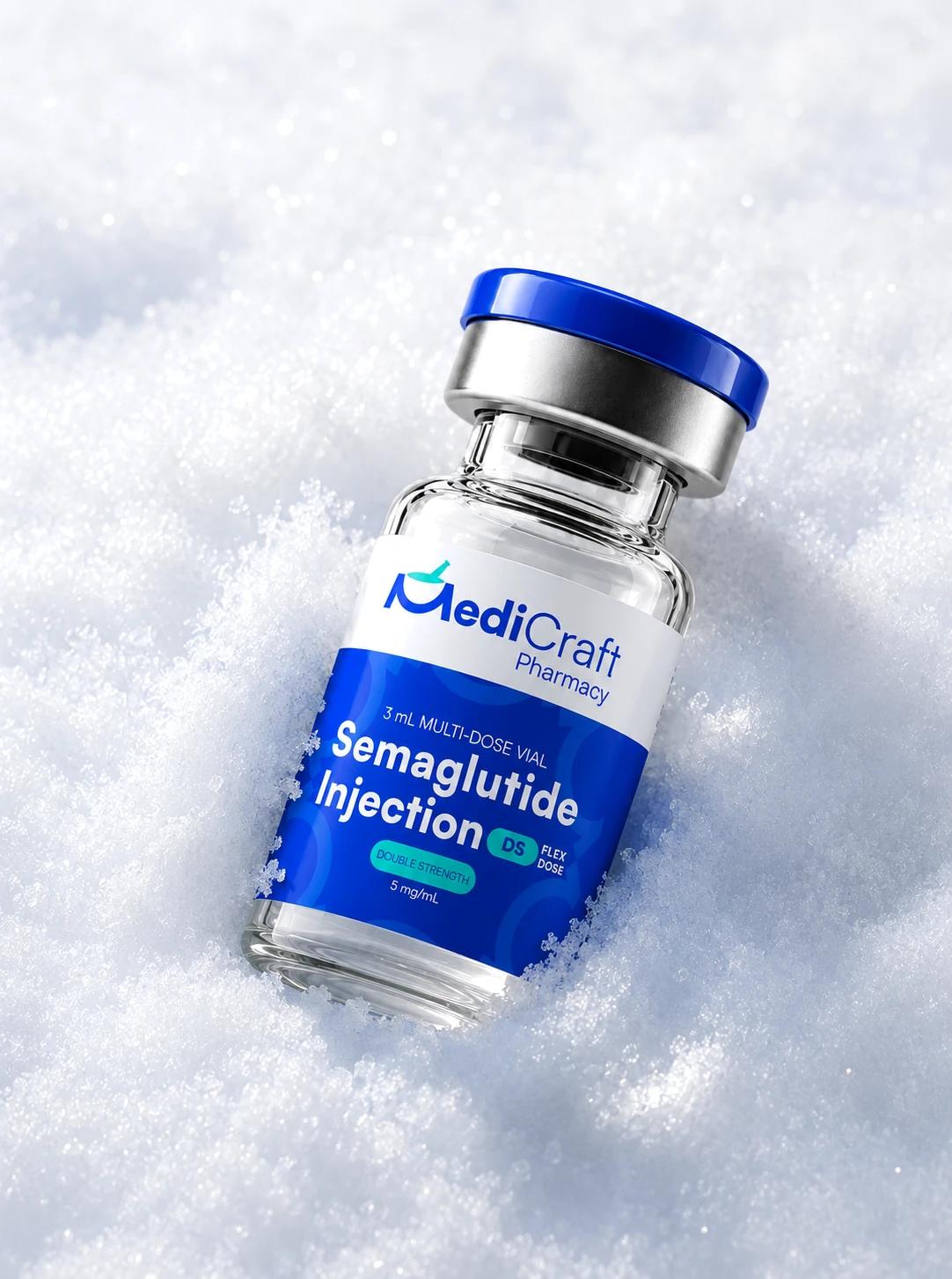 A MediCraft semaglutide injection vial, double strength 5 mg/mL, resting in ice