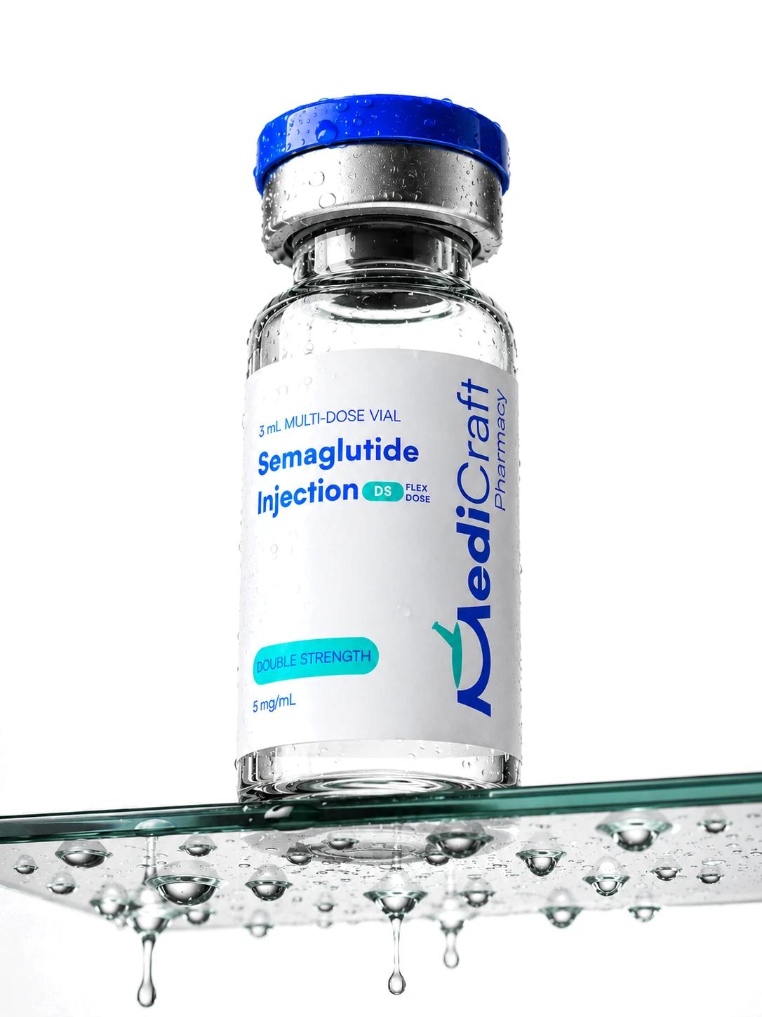 A MediCraft semaglutide vial on a glass shelf