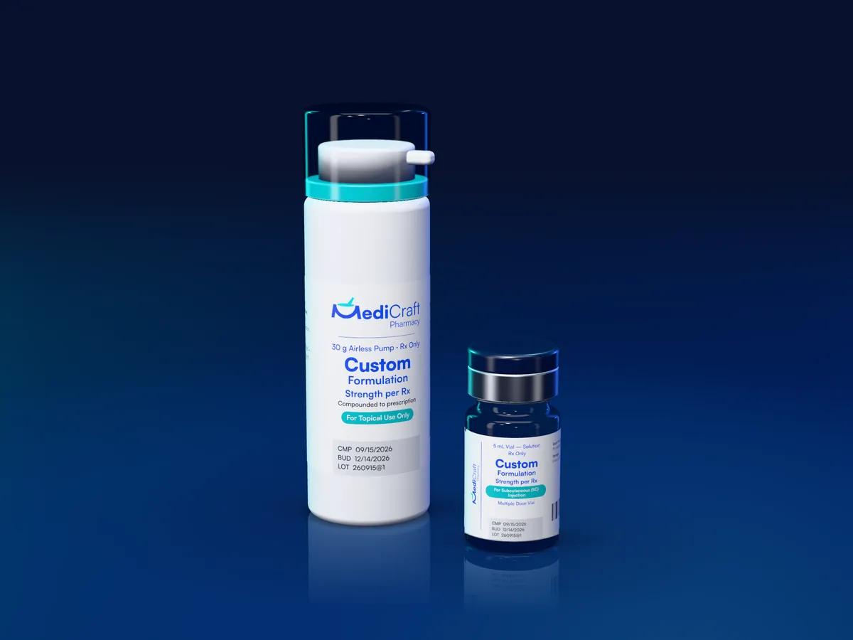 A MediCraft custom-formulation pump and vial, compounded to prescription