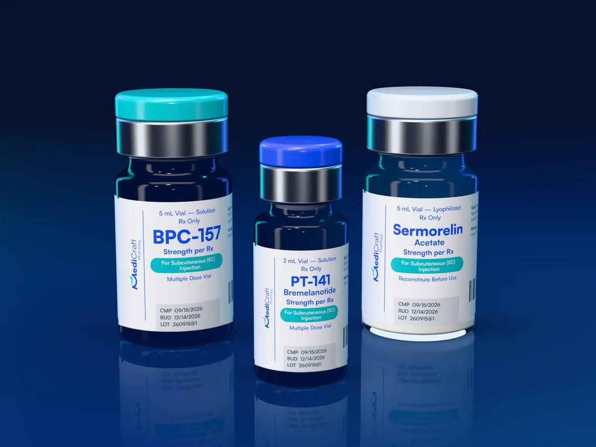MediCraft BPC-157, sermorelin and PT-141 vials