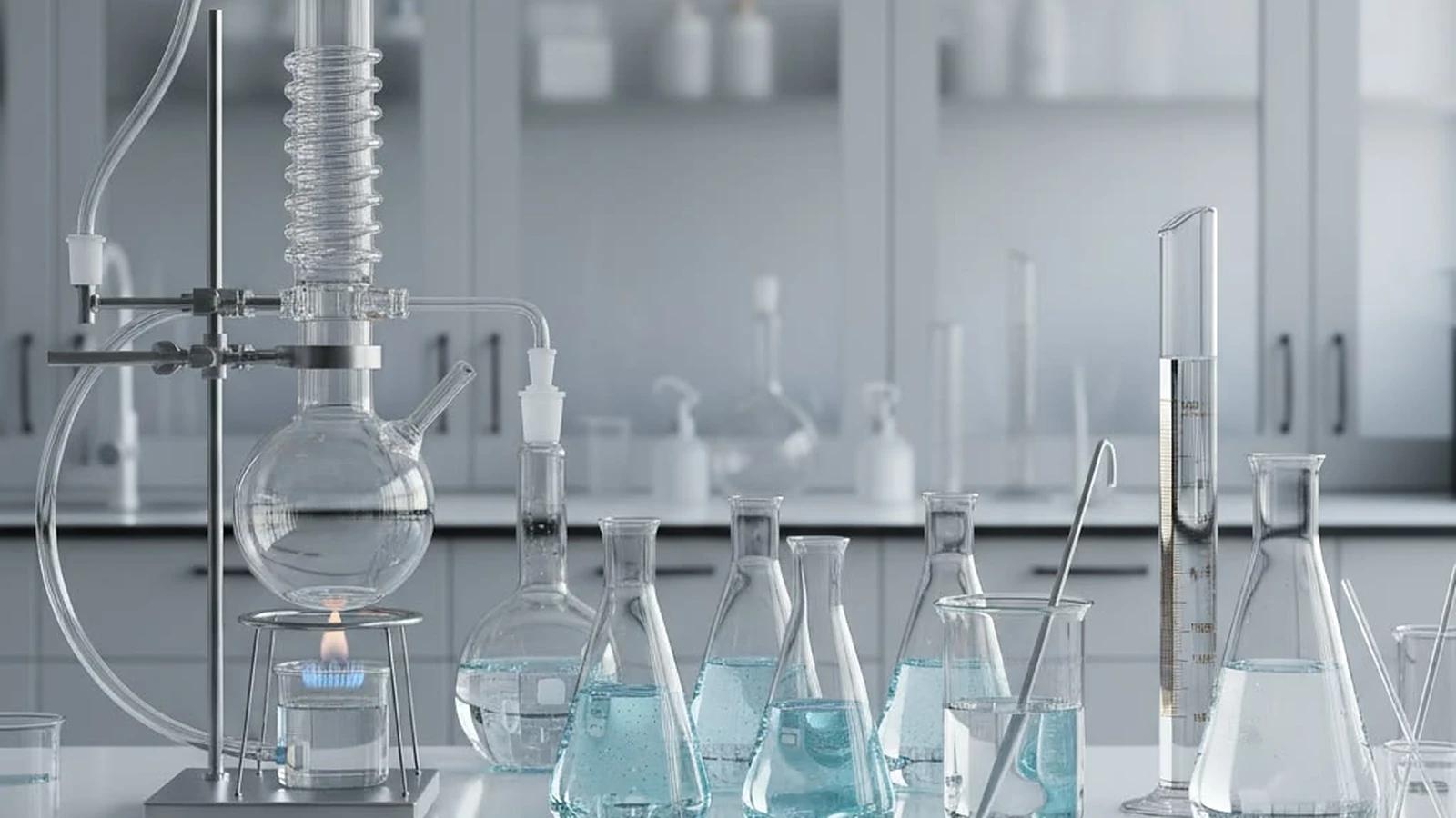 A distillation apparatus on a stand beside conical flasks of solution on a laboratory bench