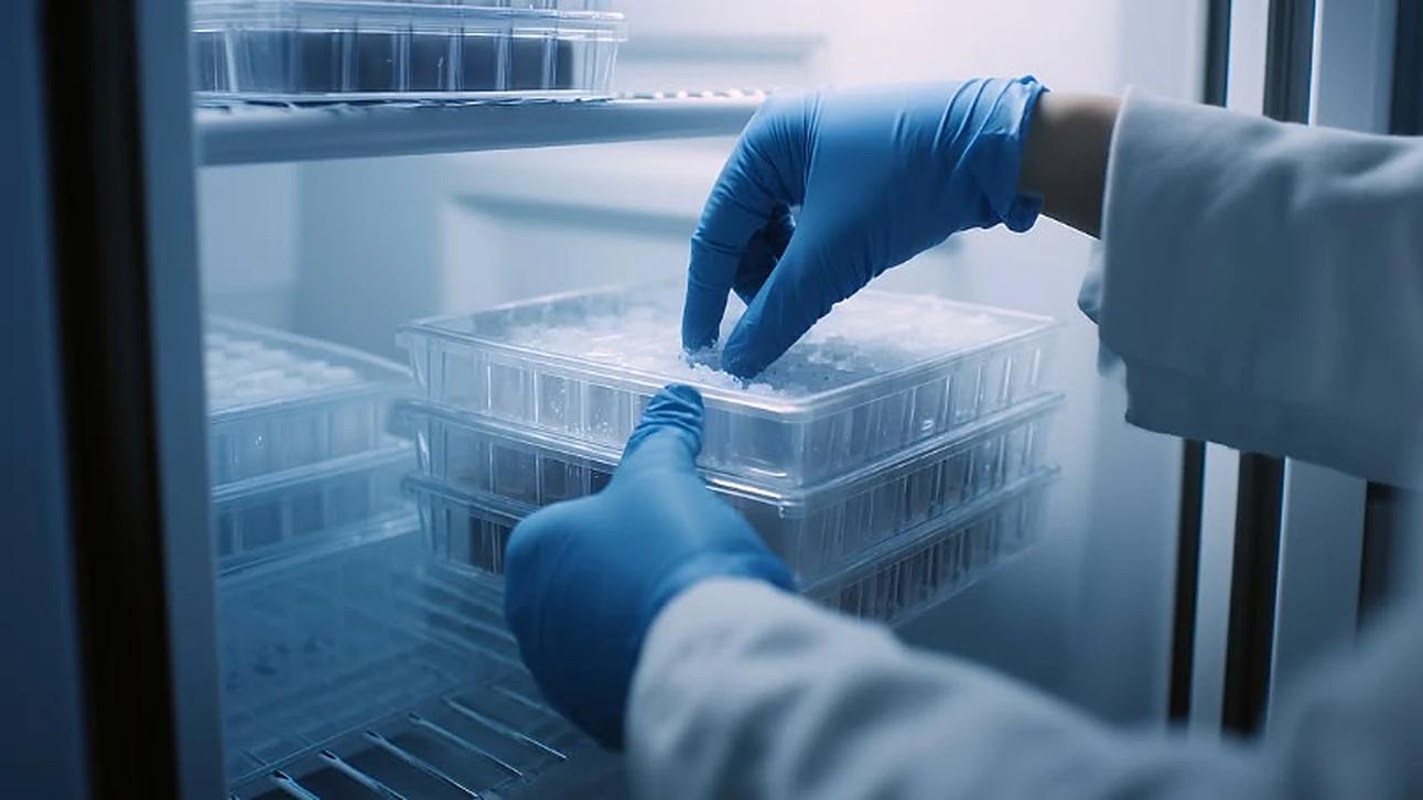 Gloved hands lifting a tray of sealed samples from cold storage