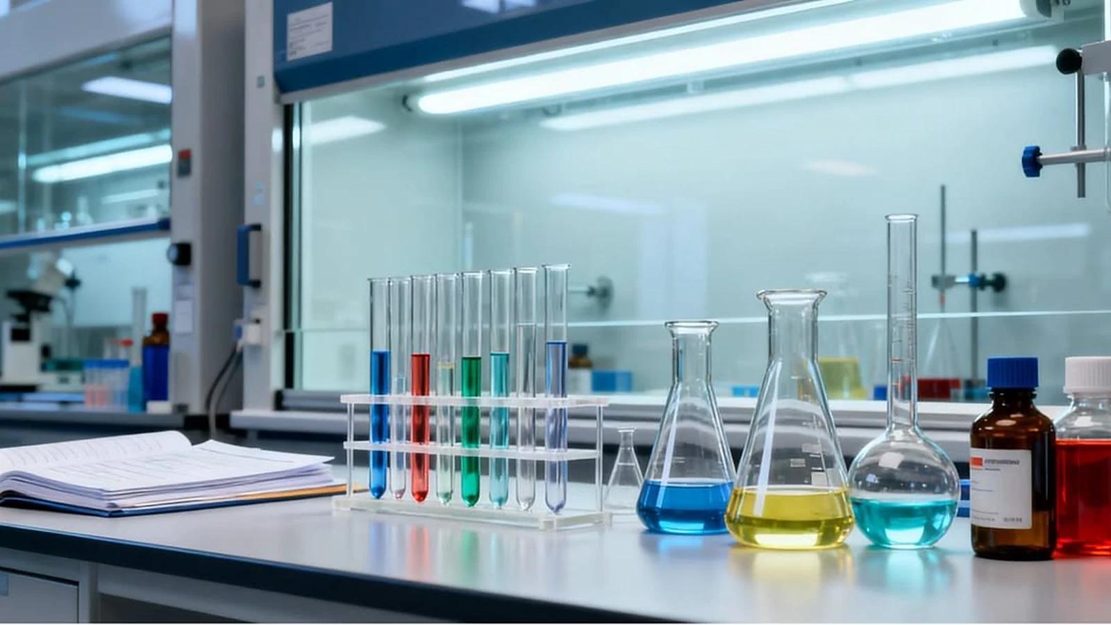 Test tubes and conical flasks holding coloured solutions on a laboratory bench, beside an open notebook