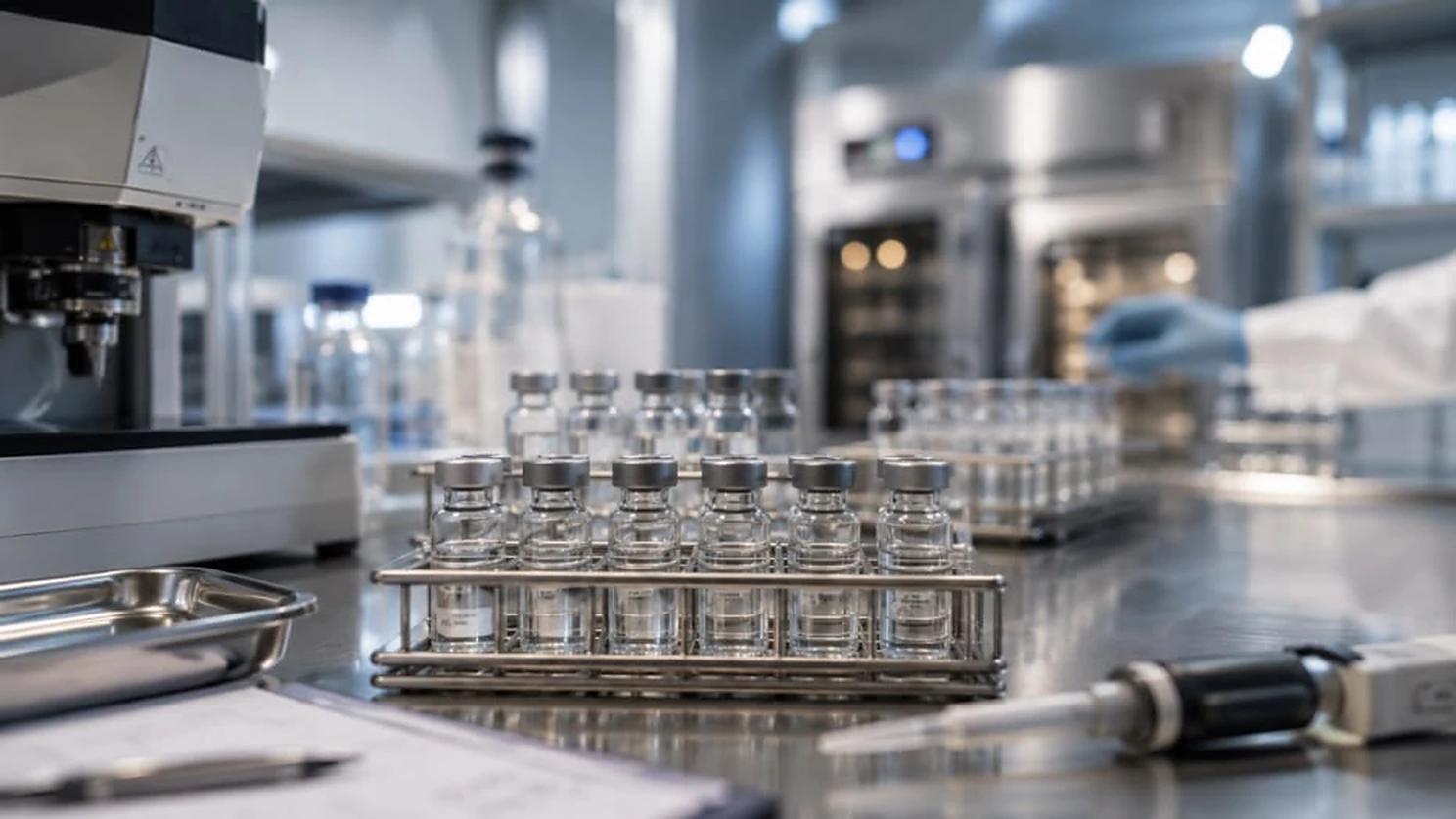 A tray of sealed glass vials with a syringe on a stainless laboratory bench