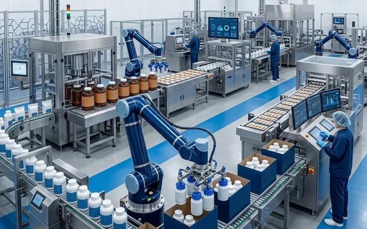 Rendering of a pack station with an overhead camera filming a cold-chain shipper of MediCraft vials