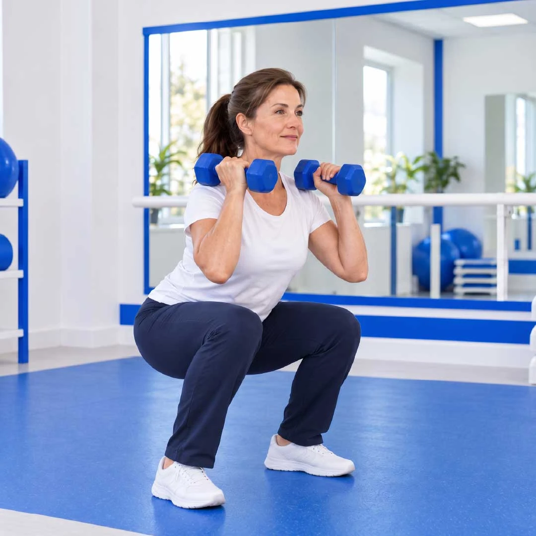 A woman doing a squat holding two blue dumbbells in a bright studio