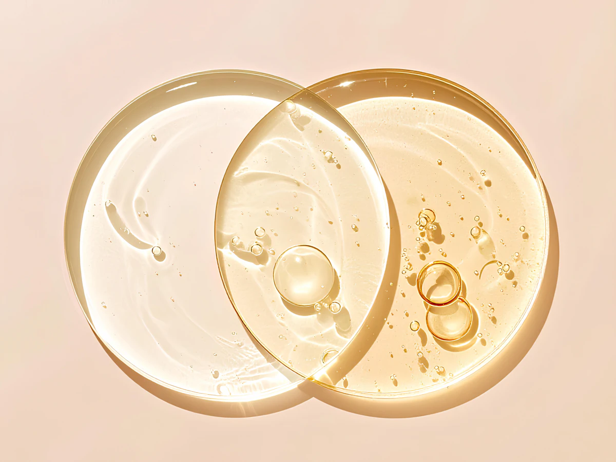Two overlapping discs of clear and golden serum on a blush surface