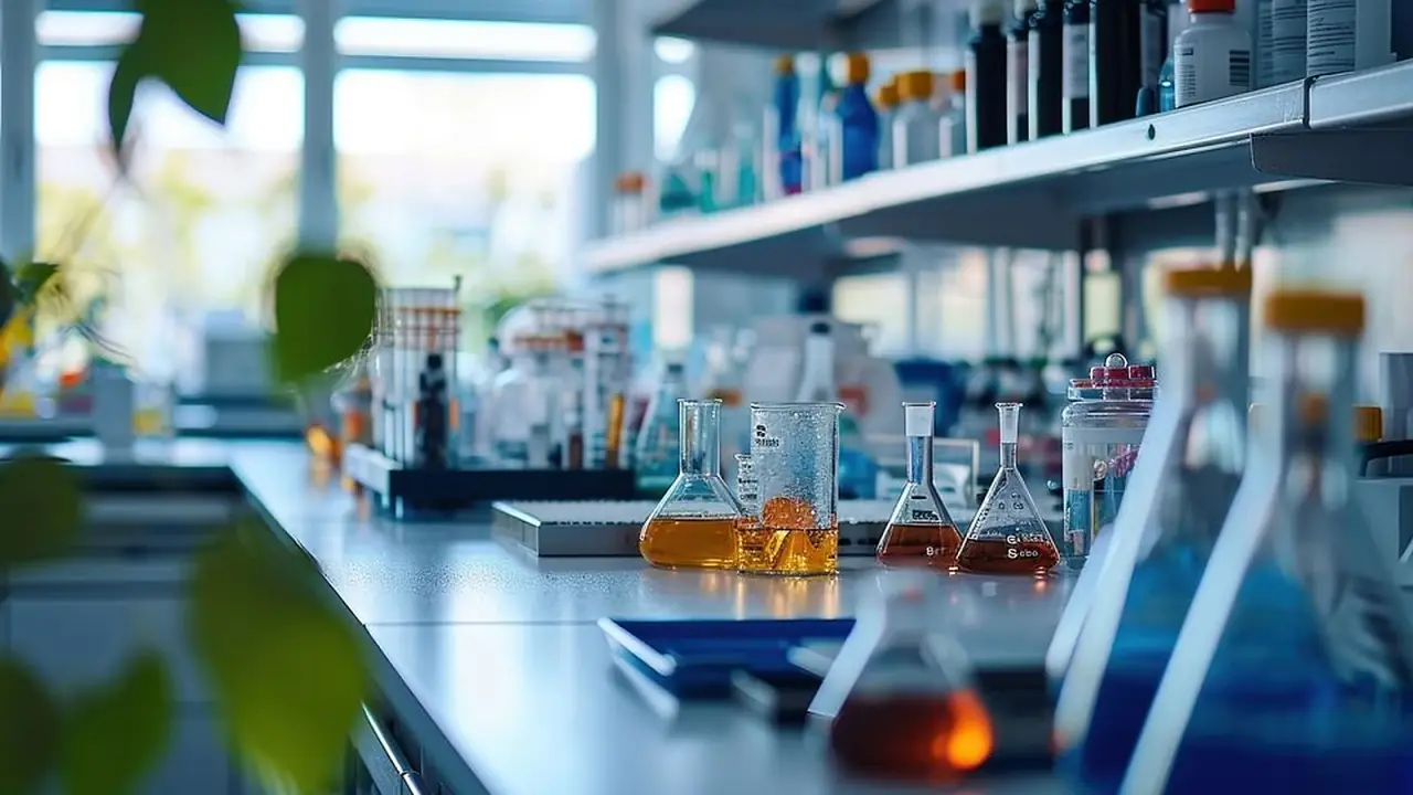 A laboratory bench run with conical flasks, reagent bottles and shelving under daylight